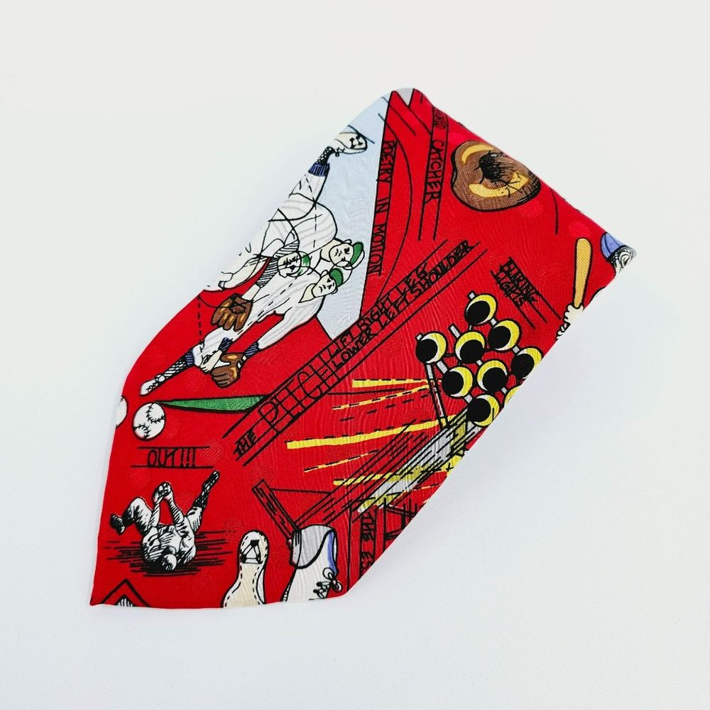 Nicole Miller Tie VTG 1991 Baseball Game Day Collection 100% Silk Hand Sewn Red